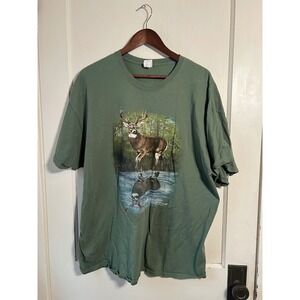 Gildan Deer Reflection T Shirt Nature Wildlife Graphic Print Green 2XL‎